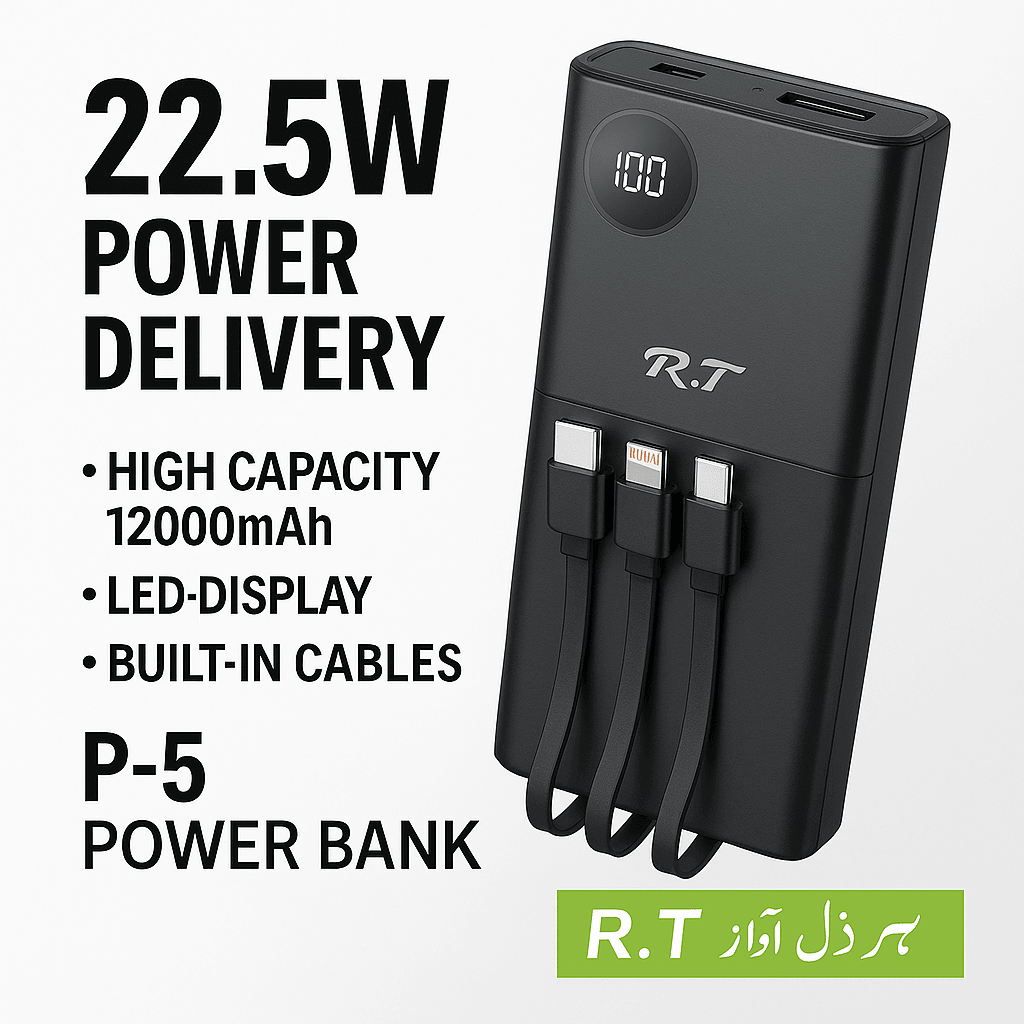 R.T Power Bank P-5 – 12000mAh | 22.5W Fast Charging - Pz Product Store