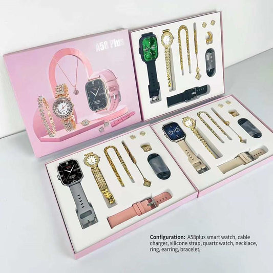 A58 Plus Smart Watch + Diamond Bracelet + Necklace + Ring + Stud+ Earring Watch - Pz Product Store