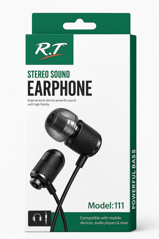 R.T Model:111 Stereo Sound Earphones – Deep Bass, Clear Calls, Sleek Metal Design - Pz Product Store