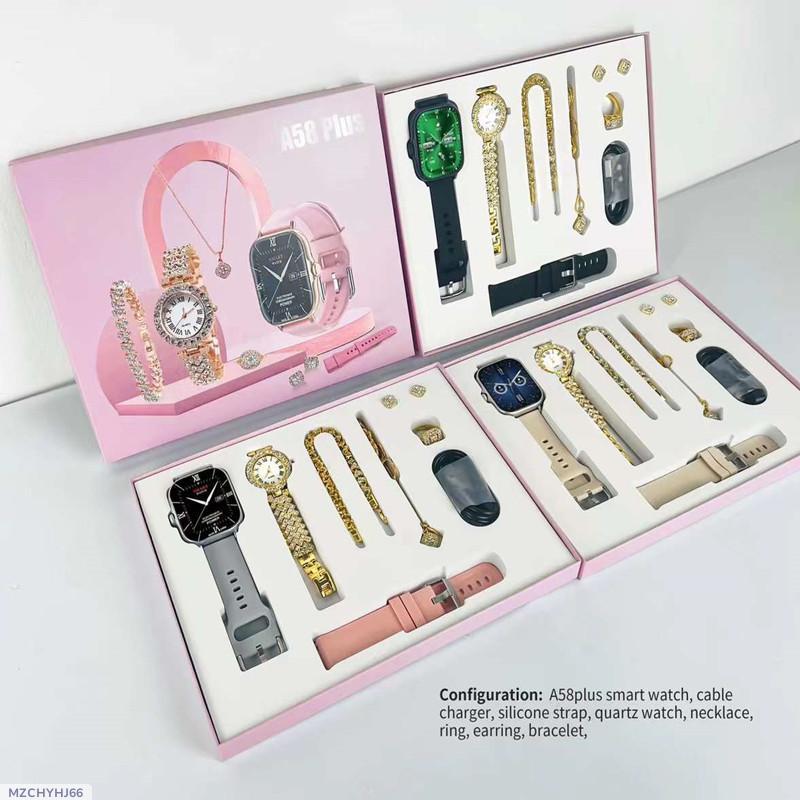 A58 Plus Smart Watch + Diamond Bracelet + Necklace + Ring + Stud+ Earring Watch - Pz Product Store