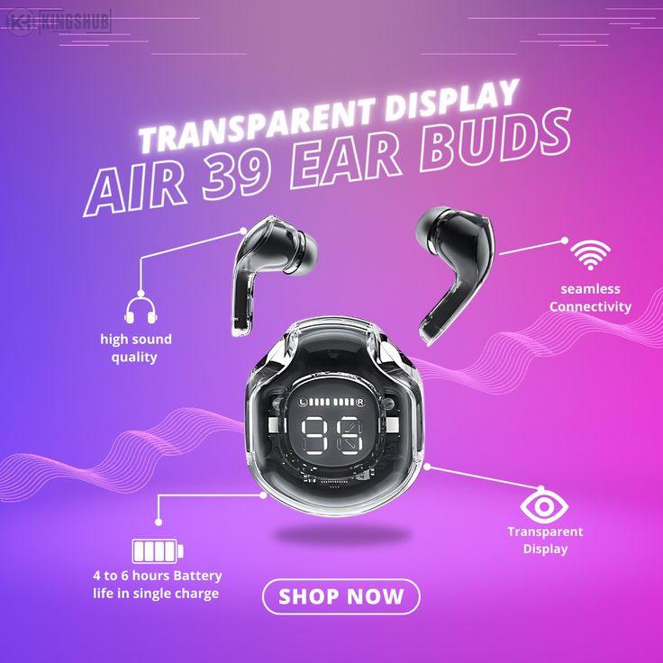 Air39 Wireless Earbuds | A39 Air pods | Air39 Earbuds | Crystal Clear Sound, Bluetooth 5.3, Transparent Case, Heavy Bass Stereo, Noise Reduction, Sports Headset with Microphone, Waterproof, LED Display - Pz Product Store