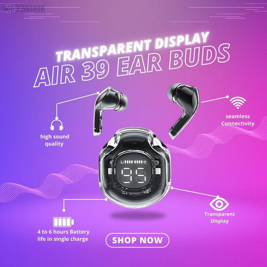 Air39 Wireless Earbuds | A39 Air pods | Air39 Earbuds | Crystal Clear Sound, Bluetooth 5.3, Transparent Case, Heavy Bass Stereo, Noise Reduction, Sports Headset with Microphone, Waterproof, LED Display - Pz Product Store