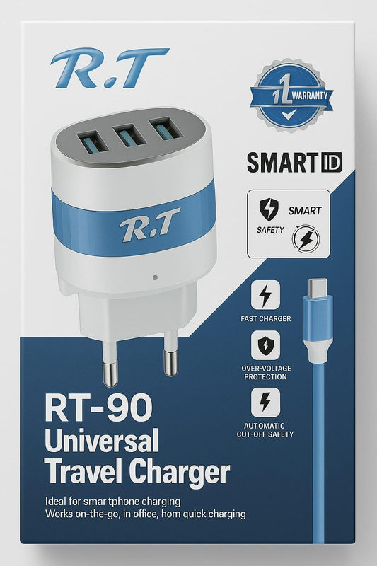 R.T RT-90 Universal Travel Charger – 3 USB Ports | Smart ID Technology | Safe & Fast Charging - Pz Product Store